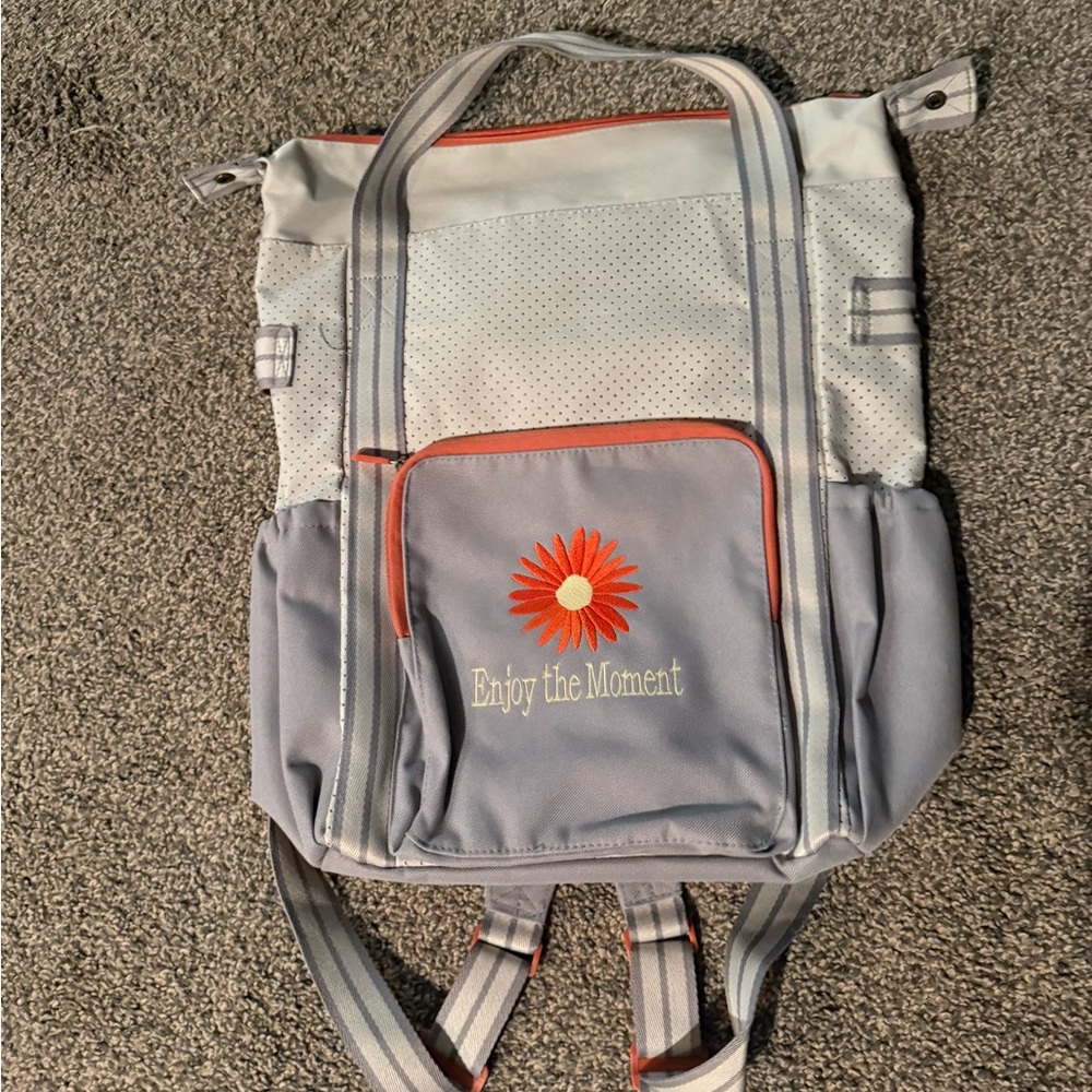Gray and Orange Backpack with Embroidered Flower